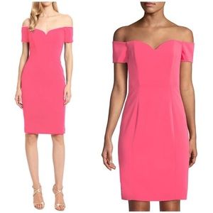 Badgley Mischka Hot Pink Off The Shoulder Sheath Cocktail Dress